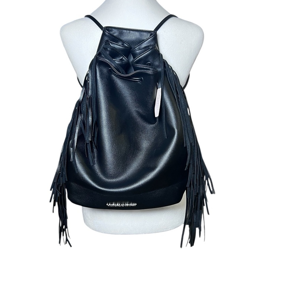 VICTORIA'S SECRET Black Faux Leather Fringe Drawstring Bucket Backpack NWT tags